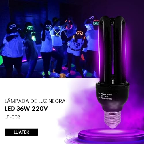 Lâmpada LED Luz Negra 36W 220V Efeito Fluorescente Neon Realce de Cores para Festas, Bares e Decoraç
