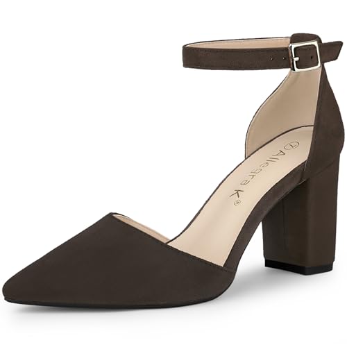 Allegra K Allegra K Women's Ankle Strap Pointed Toe Block Heels Coffee Pumps 7 M US