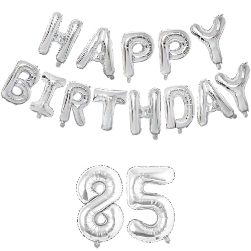 Image of Flyloons 85th Silver Colour Happy Birthday Foil Balloon Set for 85 Year Old Men Women | with Number Eighty-five | 13 Letters Reusable Happy Birthday Metallic Foil Balloons Decoration Kit