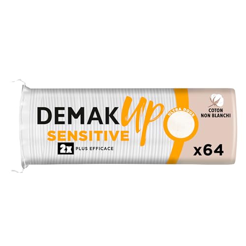 Demak'Up Tampons Démaquillants Sensitive - Visage et Yeux - Fibres de Coton 100% Naturelles - 64 Cotons (L'emballage de l'article peut varier)