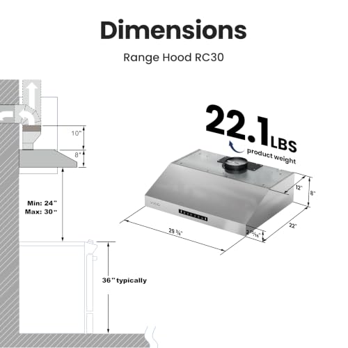 Image of VIKIO HOME 30 Inch Under Cabinet Range Hood 3 Speed Gesture Sensing & Touch Control with 900CFM Vent Hood, Stainless Steel Kitchen Hood with LED Light and 2 Baffle Filters Handlebar