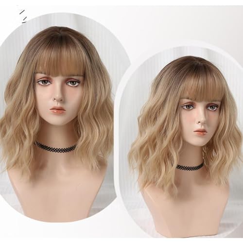Perruque synthétique blonde thermorésistante 12 pouces avec frange
