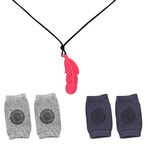 LADY HAWK Baby Knee Safety Protective Pad for Crawling, Anti-Slip Unisex Imported Socks with Leaf Shaped Orange Silicone Teether Soother Pendant. Gift Set 2 Pairs of Socks & 1 Teether.