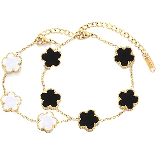 YUEXIAODOU 18K Gold bracelets for women Clover Bracelet Set 2Pcs White Flower Bangle Bracelet Lucky Four Leaf Stackable Bracelets Jewelry Gifts Trendy for Women non Tarnish Medium Alloy Steel no