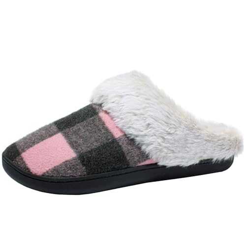 Josaywin Women's Buffalo Plaid Slippers with Memory Foam - Cozy Indoor/Outdoor Fuzzy House Shoes(Red/Black Check, Black/White Check)