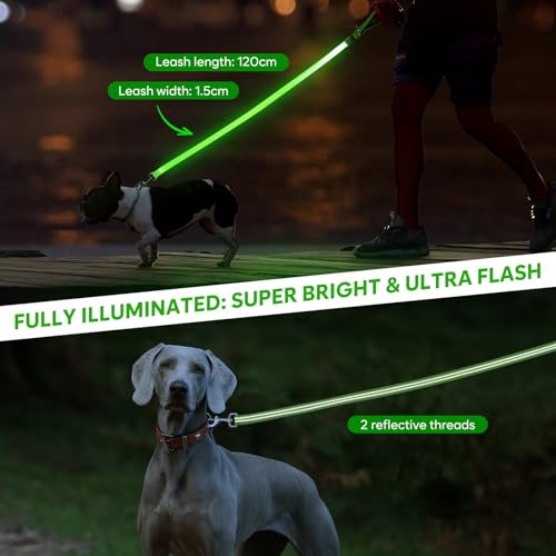 Kpuplol LED-Hundeleine für nächtliche Spaziergänge, wiederaufladbar, wiederaufladbar, reflektierend, leuchtet im Dunkeln, mit gepolstertem Griff, Sicherheits-Leine für kleine, mittelgroße und große