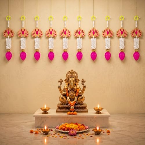 Image of JH Gallery Lotus Bud Tassel Hanging for Ganpati Decoration Setup for Home - Handmade Ganesh Chaturthi Backdrop, Pooja Room, Mandir & Main Door Toran (13 Inch, Pack of 10)