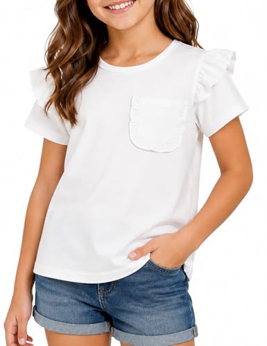 Image of Girls Flutter Sleeve Tops Short Sleeve Summer T Shirts with Ruffle Trim Pocket White Blouse White 13-14 Years