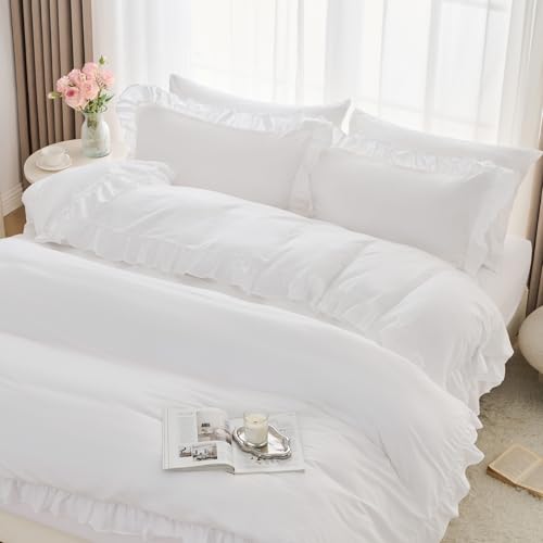 Horbaunal 5 Pcs White Ruffle Duvet Cover Full Size Soft Microfiber Shabby Chic Ruffled Duvet Cover Set Vintage French Country Ruffle Bedding Set with Zipper Closure & Corner Ties 80 x 90