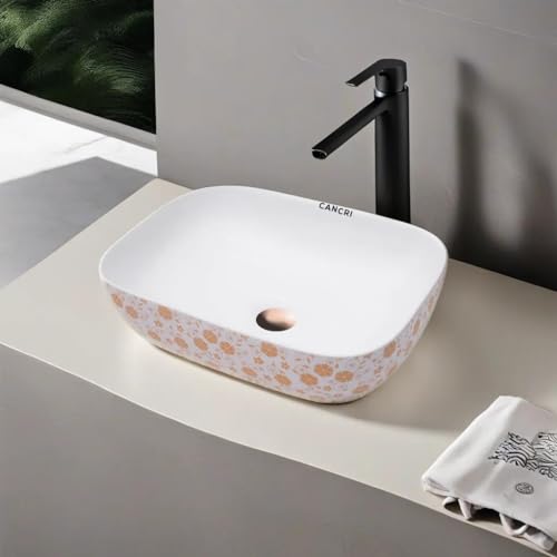 CANCRI Designer Table Top Vessel Sink Wash Basin For Bathroom | Ceramic Bathroom Sink | Wash Basin Over Counter (18 x 13 x 5.5 Inch) (White Orange Flower) (B0CS388HJL) Amazon Price History, Amazon Price Tracker