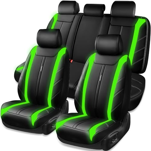 Image of CAR PASS Luxury Faux Leather Seat Covers Full Set, Breathable Sporty Premium Leather Auto Seat Covers Waterproof Anti Slip Universal Fit for 95% Trucks SUV Sedans Van, Black and Fluorescent Green