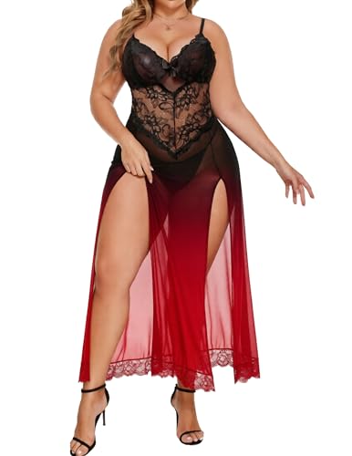 Image of Alrovetoney Plus Size Lingerie For Women Babydoll Sexy Mesh Maxi Nightdress Exotic Sleepwear Side Slits