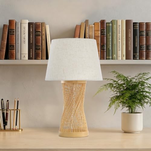 Image of Boho Table Lamp, 17 inch Bamboo Bedside Lamp for Living Room | Farmhouse Nightstand Lamp for Bedrooms, End Tables, Home Decor, Handwoven rattan Base, Linen Shade, E26 Socket