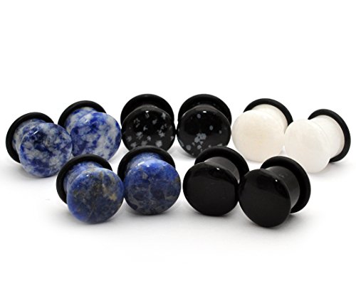 Mystic Metals Body Jewelry Set of 5 Pairs Single Flare Stone Plugs - Black Agate, White Jade, Snowflake Obsidian, Blue Lapis, Sodalite (6g (4mm))