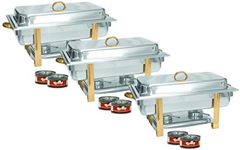 Tiger Chef 3-Pack 8 Quart Full Size Buffet Chafing Dish Set with Gold Accents and Gel Fuel Cans