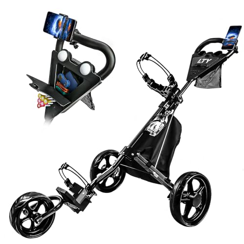 LTY Golf Push Cart, Folding Golf cart with Phone Holder and Cooler Bag, Portable Golf Bag Cart, Adjustable Handle (Black)