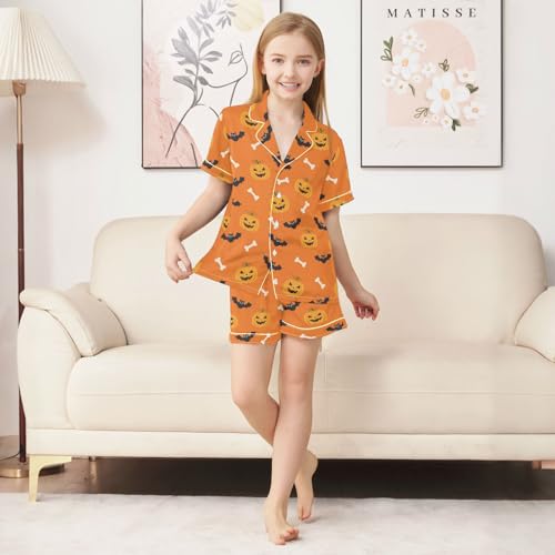 Satin Pajama Sets Short Sleeve Halloween Pumpkins Bats Bones Button Down Silky Nightwear 2 Piece PJS 5-14Y3