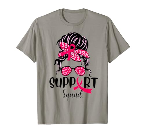 Support Squad Messy Bun Pink Warrior Breast Cancer Awareness Maglietta