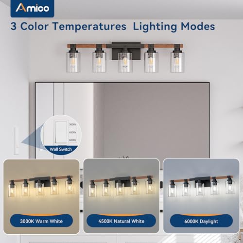 Amico Farmhouse Vanity Light Fixtures, Rustic 5-Light Industrial Painted Wood Lights for Bathroom, Vintage Black Wall Sconces with Bubble Glass Shade by Amico - Used condition - Image 2