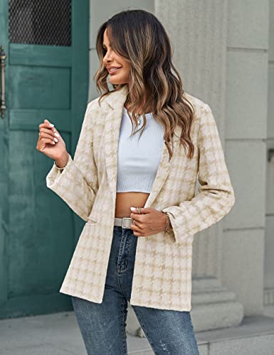 Merokeety Women's Long Sleeve Lapel Collar Woolen Blazer Coat Houndstooth Plaid Jacket With Pockets, Khaki, L #TOP3