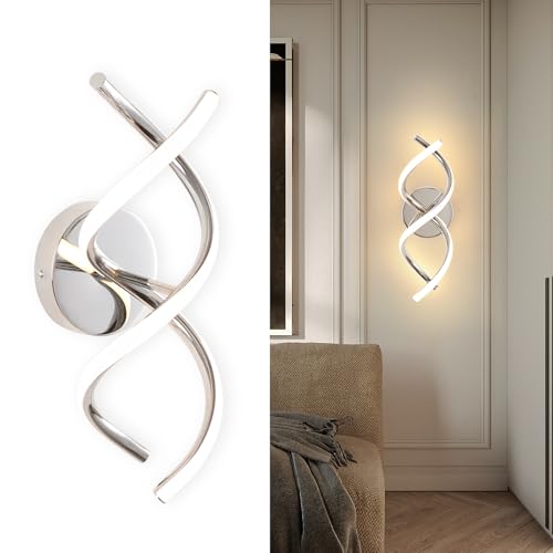EIDISUNY Wall Lamp LED Silver Modern Elegant Spiral Indoor Wall Lights for Bedside Bedroom Living Room Hallway Bathroom Kitchen Wall Lighting Fixture - Chrome 24W 3000K Warm White Light