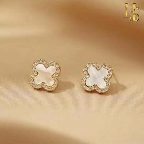 Clover Earrings for Women | Hypoallergenic Studded Clover Stud Earrings | Lovely Gift - Studded White4