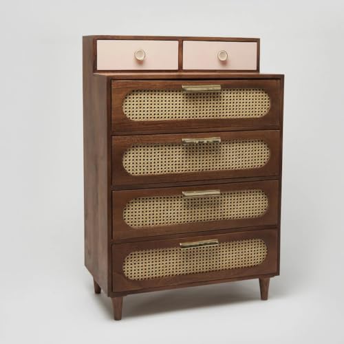 Image of Space Galaxy Solid Sheesham Wood Chest of Drawer with Cane Rattan Fronts | 6 Drawer Tall Storage Cabinet & Closet Organizer | Bedroom, Living Room & Home Furniture | Natural Finish