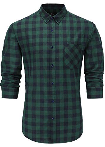 Emiqude Men's 100% Cotton Slim Fit Long Sleeve Plaid Button Down Dress Shirt Medium Green Navy