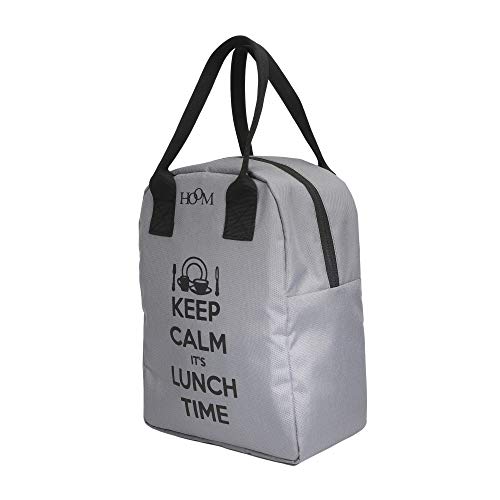 Image of HOOM Insulated Lunch Bag for Office Men, Women and Kids, Leak Proof Water Resistant Polyester Made Lunch Tiffin Bag with Quotes (Grey Keep Calm It's Lunch Time N3)