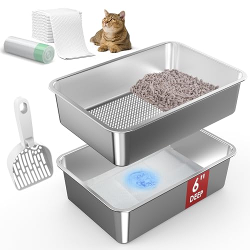19.7''x13.7''x6'' Stainless Steel Litter Box, Open Top Sifting Litter Box for Pine Pellets, Metal Litter Pan Tray System with Scoop and Pee Pad, Odor Control, Low Dust, Easy Cleaning