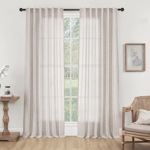 Belinna 108 Inch Linen Curtains Semi Sheer Light Filtering Curtains, Back Tab Sheer Curtains 108 Inches Long, 9 Ft Rod Pocket Semi Transparent Privacy Window Curtain Drapes Rustic Home Decor