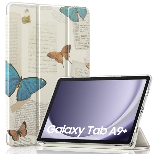 Image of MoKo Trifold Case for Galaxy Tab A9 Plus /A9+ 11 Inch 2023, Butterfly | Slim Stand Hard PC Translucent Back Shell Smart Cover, Auto Sleep /Wake, Light, Anti-scratch, 2 Adjustable Angle