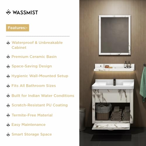 Image of WASSMIST Bathroom Vanity Washbasin Cabinet with Mirror & Shelf | Wall Mounted Wash Basin with Cabinet Full Set | Waterproof & Unbreakable (White)