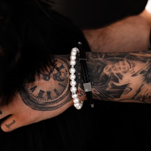 Forge & Foundry Men's 8mm Shell Pearl (Man-Made) Bracelet [Small, Medium, Large and Adjustable Sizing Options] | Marlow | Silver - Medium2