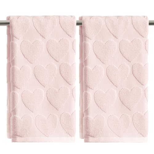 Artoid Mode 2 Pcs Pink 3D Love Heart Jacquard Valentine Hand Towels for Bathroom, 100% Cotton Soft Absorbent Bathroom Decor Towels, 13.7 x 29.5 Inch