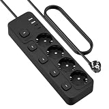 Listwa zasilająca, pojedynczo, przełączana, kabel 2 m, 4 gniazda wtykowe z 2 USB-A i 1 USB C, rozdzielacz gniazd, listwa zasilająca, ochrona przed nadmiernym napięciem, do domu, biura, czarna