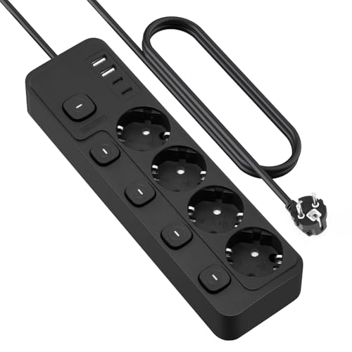 Listwa zasilająca, pojedynczo, przełączana, kabel 2 m, 4 gniazda wtykowe z 2 USB-A i 1 USB C, rozdzielacz gniazd, listwa zasilająca, ochrona przed nadmiernym napięciem, do domu, biura, czarna