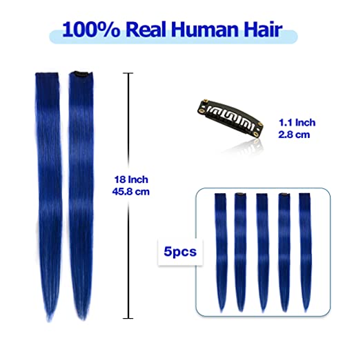 Winsky Blue Clip In Hair Extensions 100% Real Human Hair - Straight Highlights Colored Clip On Christmas Hairpieces 5 Pieces/Set (18Inch, Blue) #TOP1