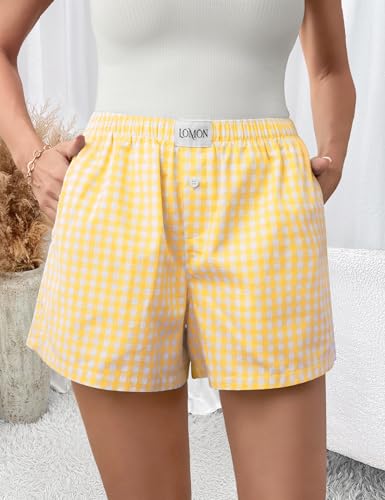 Image of LOMON Boxer Shorts for Women Summer Gingham Pajamas 2026 Lounge Sleep Pj Plaid Shorts Y2K Beach Bottoms with Pockets