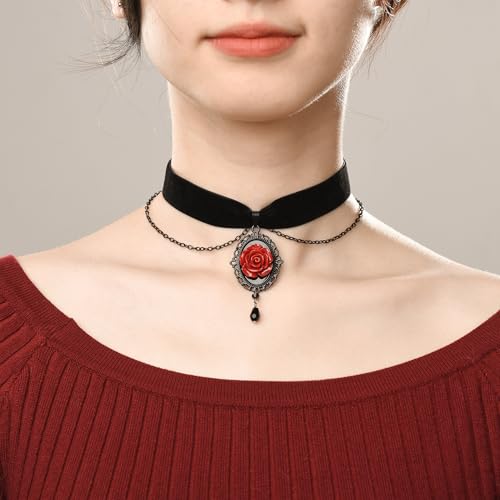 RareLove Vintage Red Rose Necklace Gothic Cameo Choker Victorian Jewelry Black Velvet Choker Collar for Women Witch Jewelry Vampire Necklace4