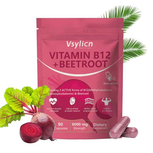 9000mg Beetroot Capsules | High Strength Vitamin B12 Complex & Beetroot Extract Supplement | Nitric Oxide Boost, Blood Pressure & Digestion Support | Rich in Vitamins & Minerals | Non-GMO & Vegan