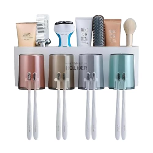 Image of Wall Mounted Toothbrush Holder with Magnetic Cups Bathroom Toothbrush Organizer 4 Section Multi Compartment Dustproof Brush Holder BPA Free Bathroom Storage Organizer Cup Design (Pack of 4)