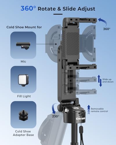 Image of GRENARO Tripod Stand for Phone, Mini Selfie Stick Tripod with Magnetic & Clamp Holder, Up to 16.5in, 4-Leg Base, Lightweight & Portable, Detachable Bluetooth Remote for iPhone /Android Vlog /Photo
