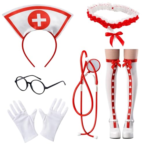 ZocRjvN Krankenschwester Kostüm Damen, Sexy Krankenschwester Outfit Mit 6 Teilen, Inklusive Overknee Strümpfe, Handschuhe, Stethoskop, Haarreif,...