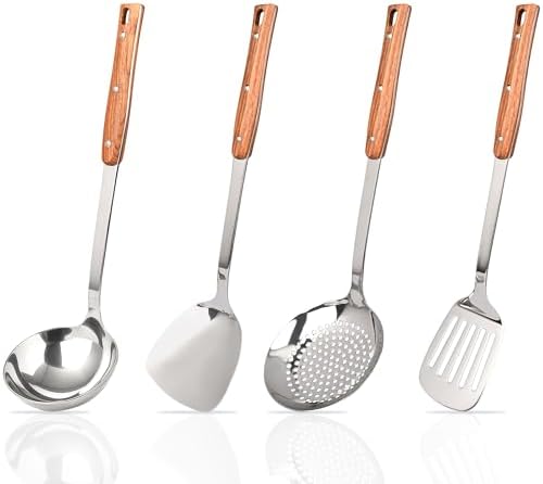 FJNATINH Kitchen Utensils Set, Wok Spatulas, Ladle, Skimmer Spoon, Slotted Turners, Heat Resistant Stainless Steel Wok Tools for Serving, Cooking, Stirring, 4Pcs