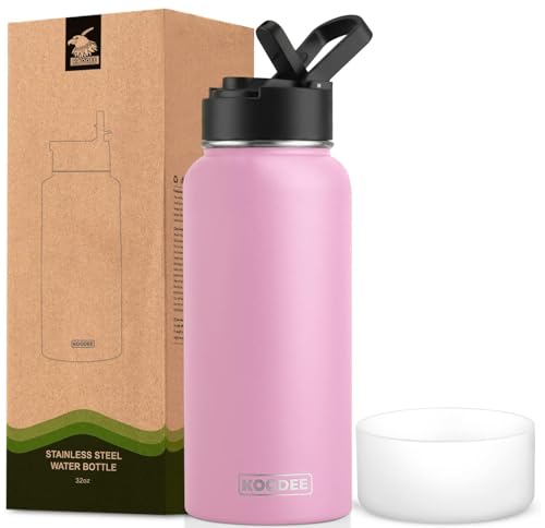 Image of koodee Water Bottle with Straw 32 oz Stainless Steel Double Wall Vacuum Insulated Wide Mouth Water Flask Reusable Metal Sports Water Bottle (Pink)
