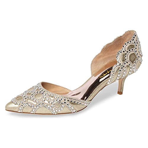 Image of XYD Women's Pumps, Elegant Pointed Toe, D'Orsay Kitten Low Heels, Rhinestone Studs, Slip-On Satin Shoes for Wedding
