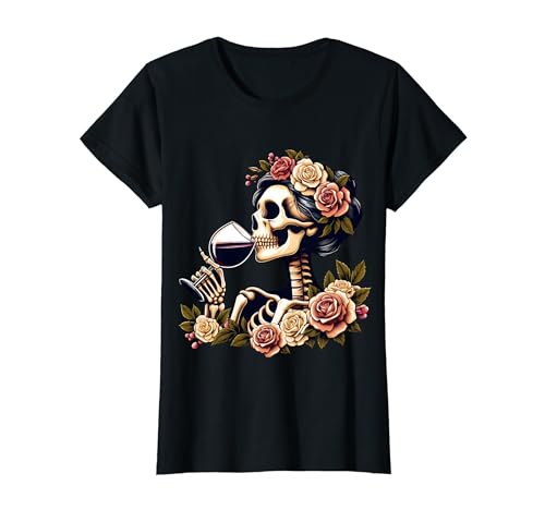 Female Skeleton Wine Drinking Vintage Halloween Wine Lover T-Shirt