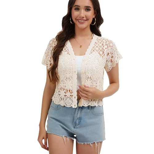 Image of Women's Short Sleeve Bolero Shrugs Crochet Lace Open Cardigan
