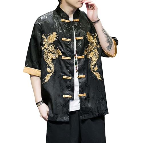 Chaquetas bordadas de dragón para hombre, estilo chino, estilo oriental, retro, cruzado, con botones, Negro, S
